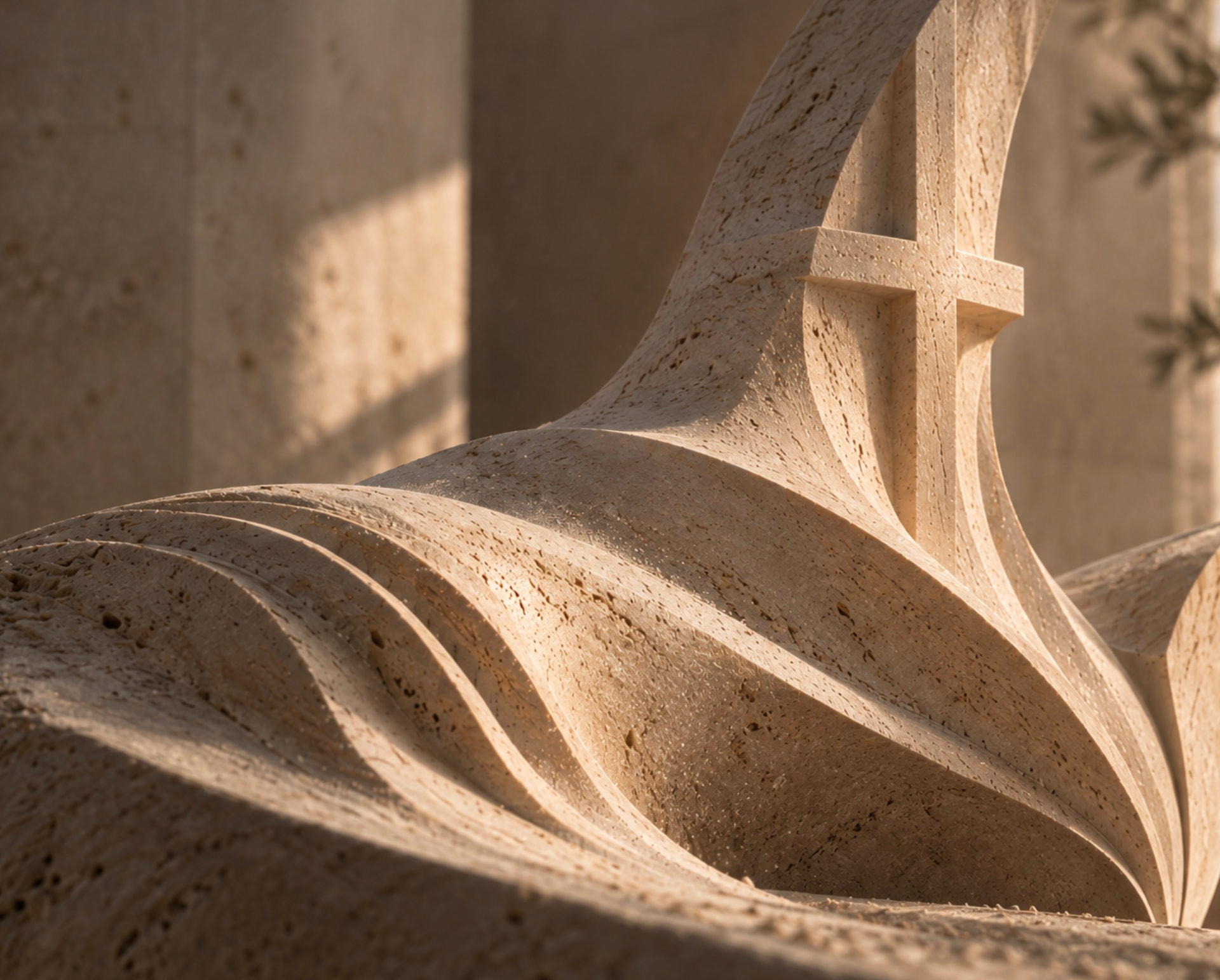 Close-up of a carved stone sculpture with sweeping curved ridges and a raised cross, lit by low warm sunlight